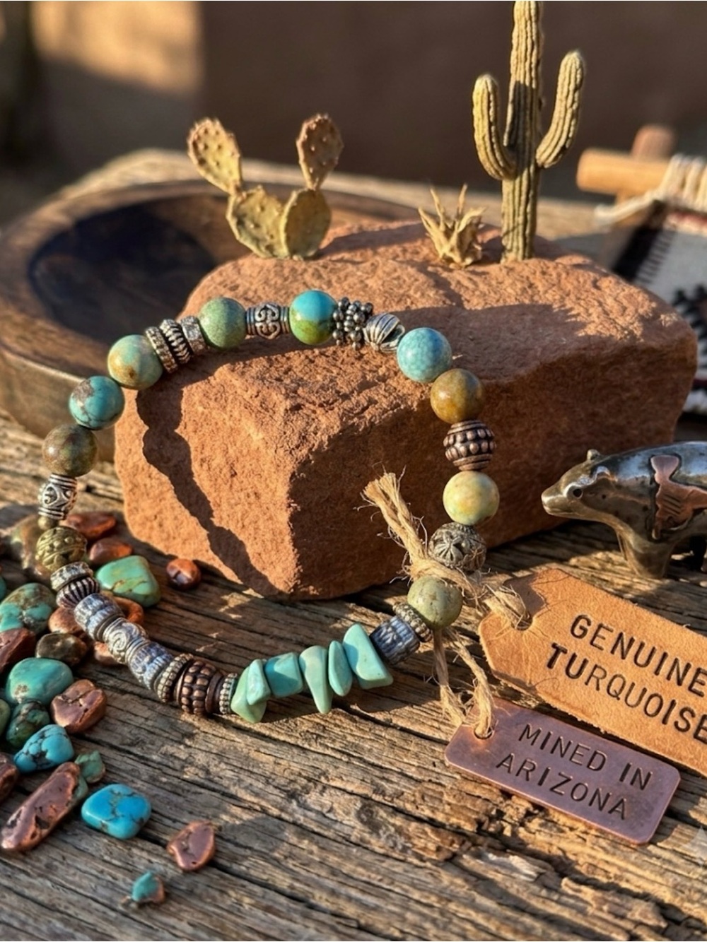 Genuine  Turquoise & Silver-Tone Bead Bracelet  _Shielding and Protection